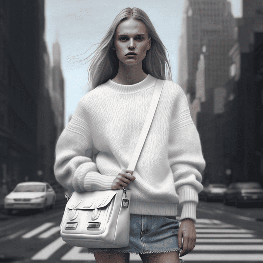 Белый свитер с джинсовой юбкой