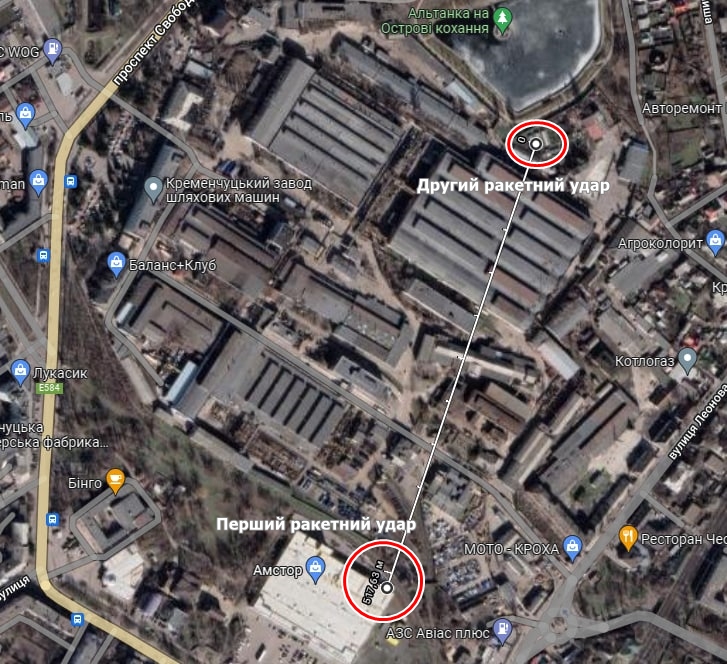 Расстояние между местами, куда попали российские ракеты.