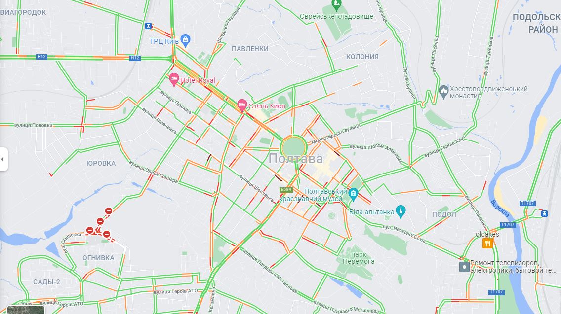 Состояние дорог Полтавы 6 сентября. Фото: https://www.google.com/maps/place/%D0%9F%D0%BE%D0%BB%D1%82%D0%B0%D0%B2%D0%B0