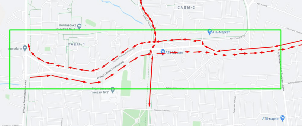 Схема обустройства велоинфраструктуры на Героев Сталинграда, 23 Сентября, Героев АТО и Никитченко
