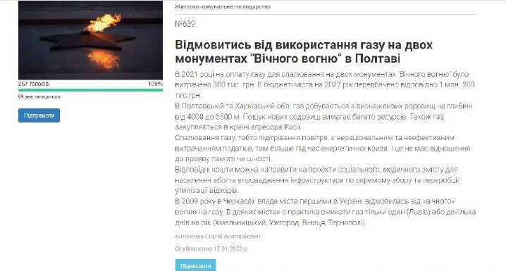 Петиція про відмову від газу на "Вічному вогні"