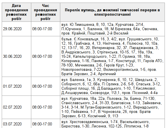 График отключения света